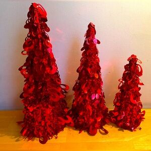 Beaded shimmer red decorative tabletop Christmas tree lot of 3